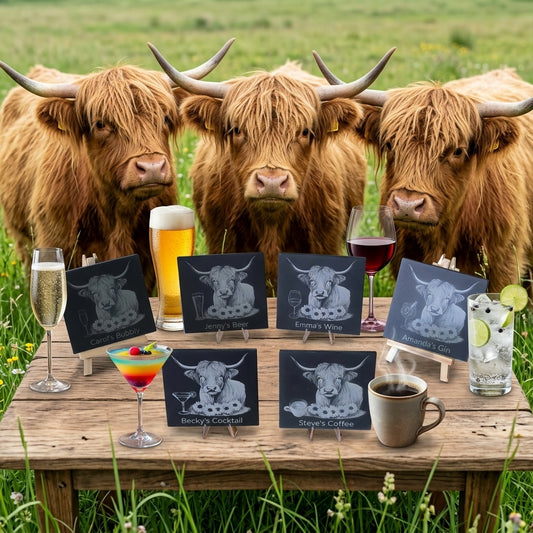 Personalised Highland Cow Slate Coaster (Gin, Wine, Beer, coffee and Bubbly)