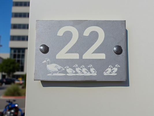 House number slate sign with duck and ducklings - Plaque with fittings
