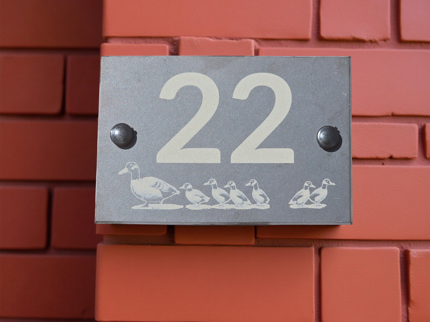 House number slate sign with duck and ducklings - Plaque with fittings