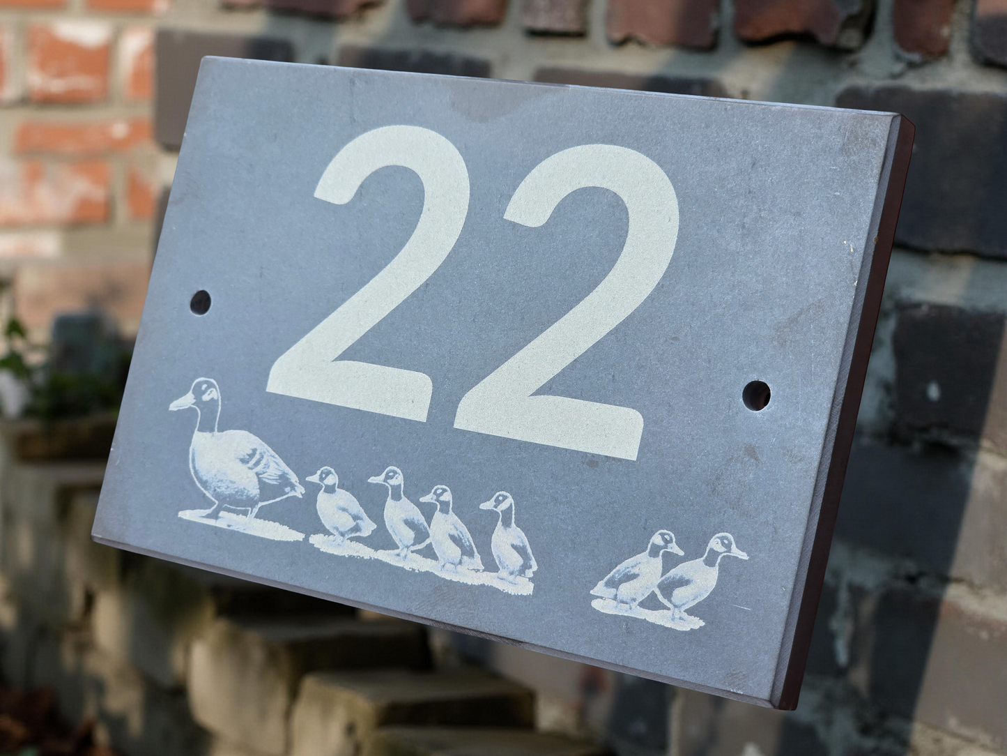 House number slate sign with duck and ducklings - Plaque with fittings
