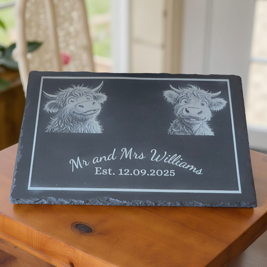Cute Highland Cow Mr and Mrs Cheese Slate - Serving Board