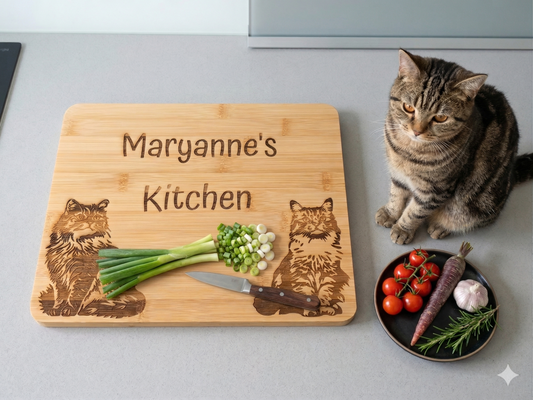 customised chopping board with engraved personalised text and cats. a tabby cat is sitting next to the chopping board