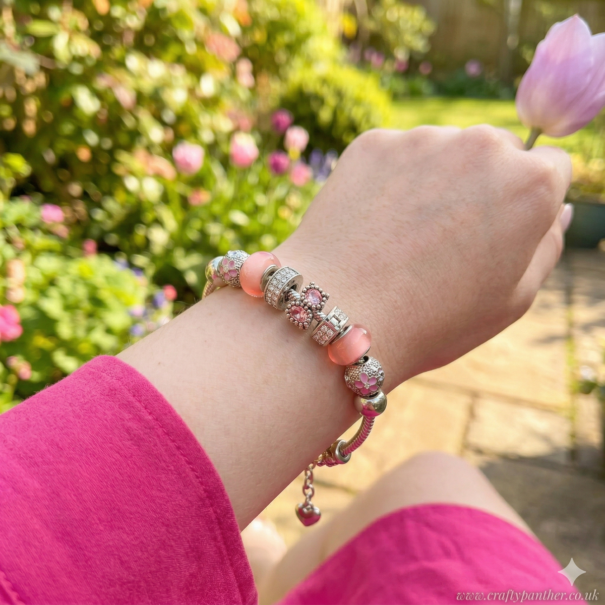 Pink Floral Charm Bracelet - Stainless steel snake chain band