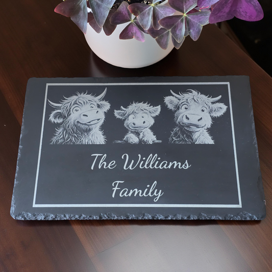 Customised Highland Cow Family Cheese Slate / Serving Board