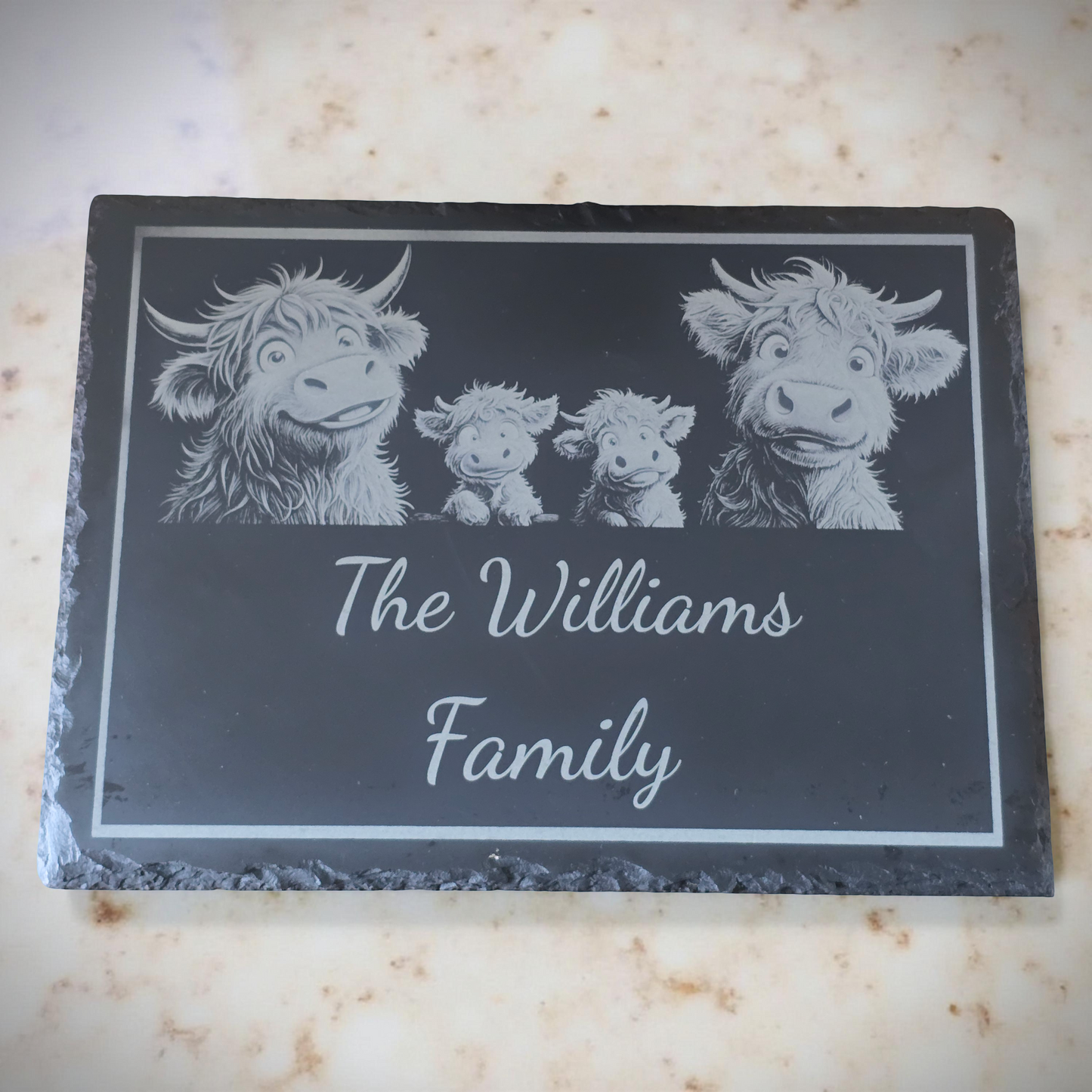Customised Highland Cow Family Cheese Slate / Serving Board
