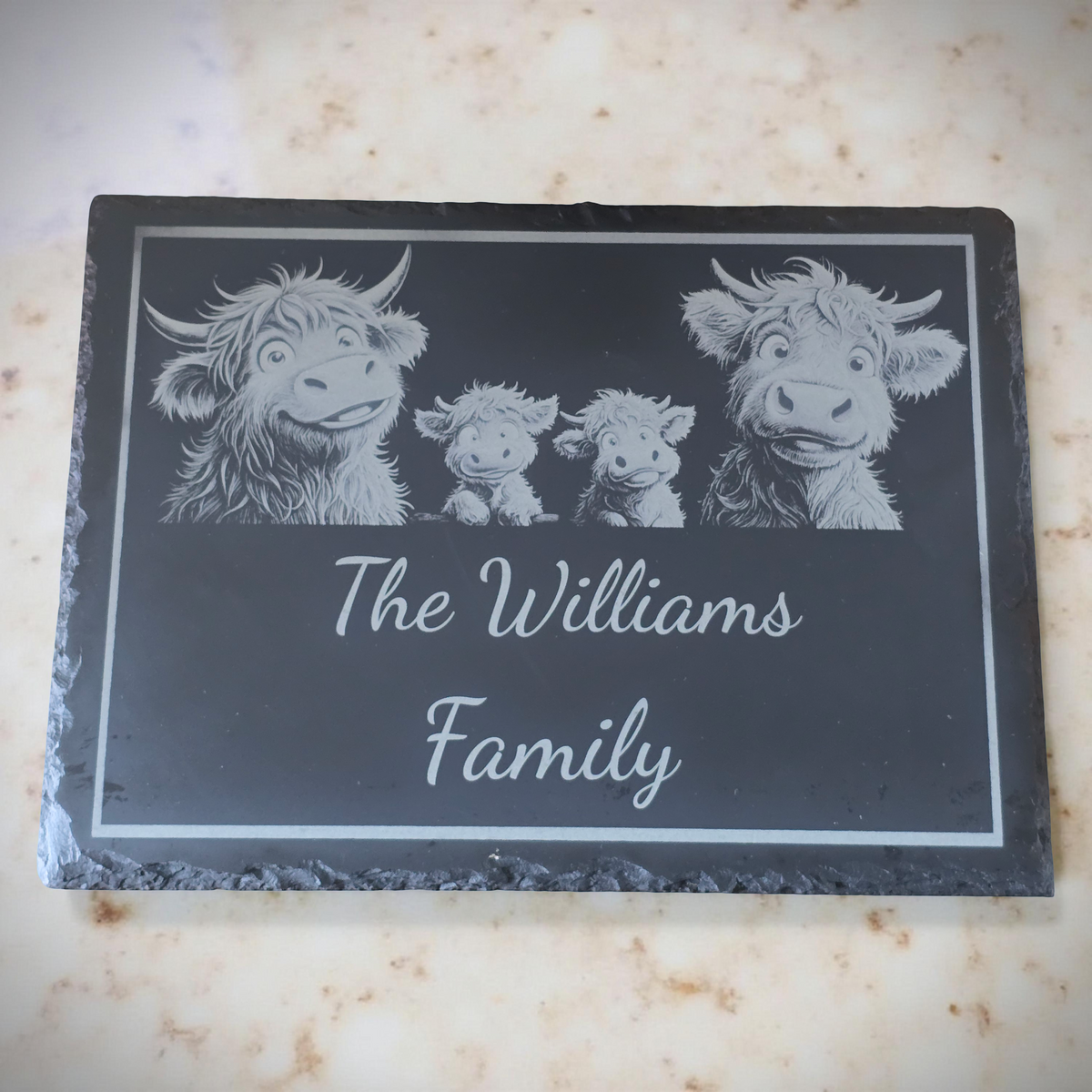 Highland Cow Slate Bundle - Personalised Family Slate Plus 4 Slate Coasters