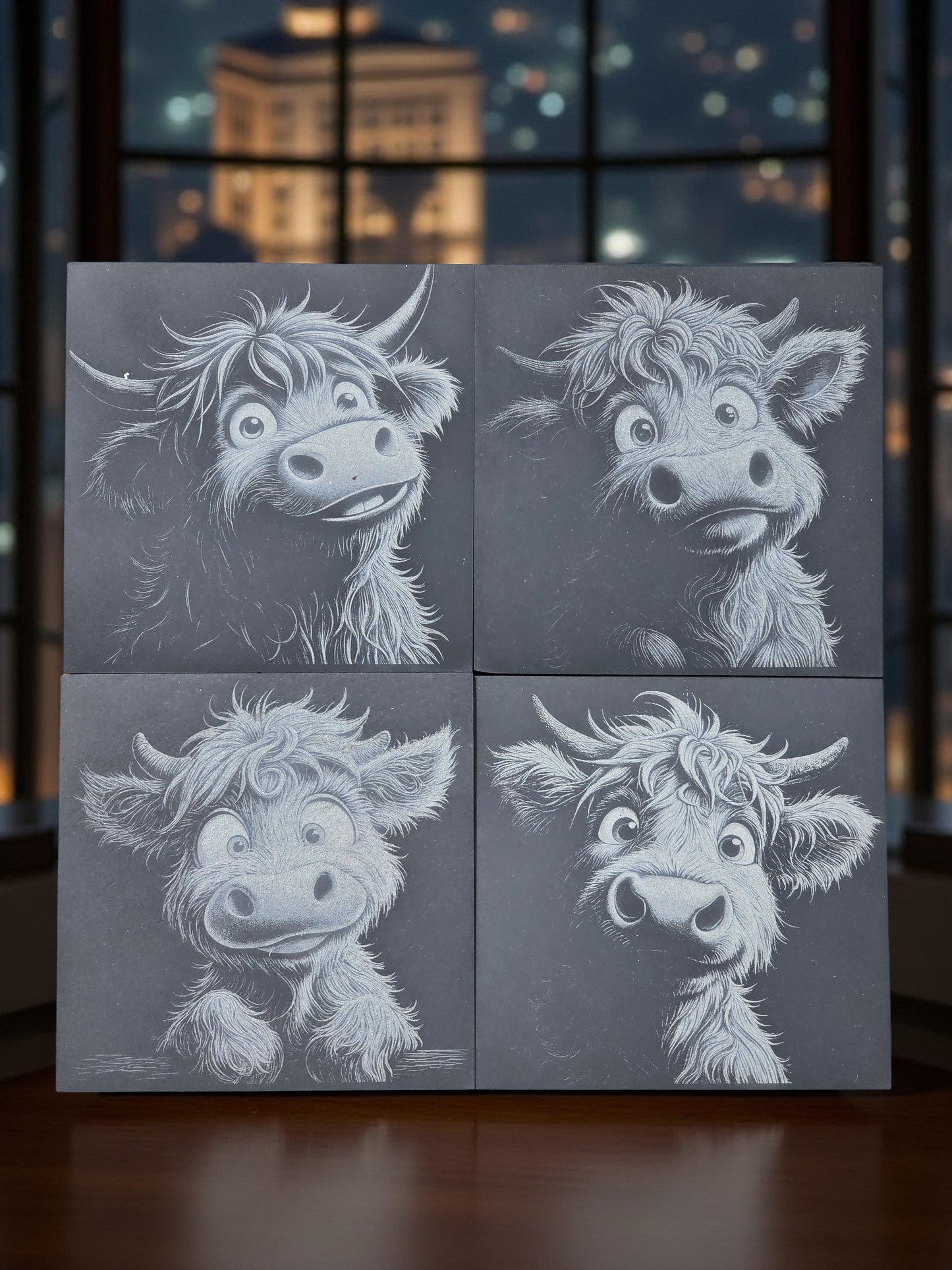 Four slate coasters with illustrations of a cartoon cow on a dark background with a cityscape in the background.