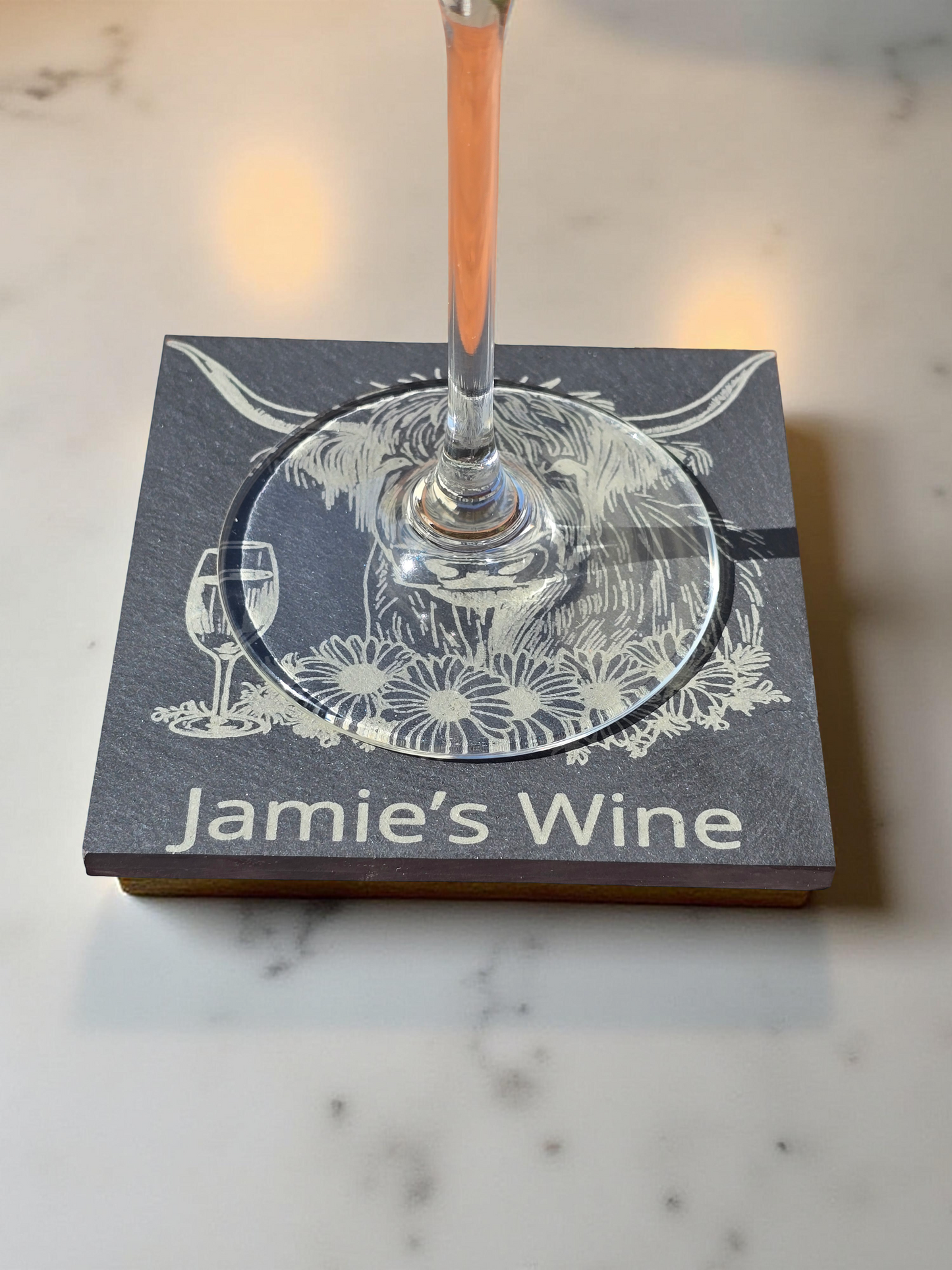 Personalised Highland Cow Slate Coaster - "Your Name's Wine" Text