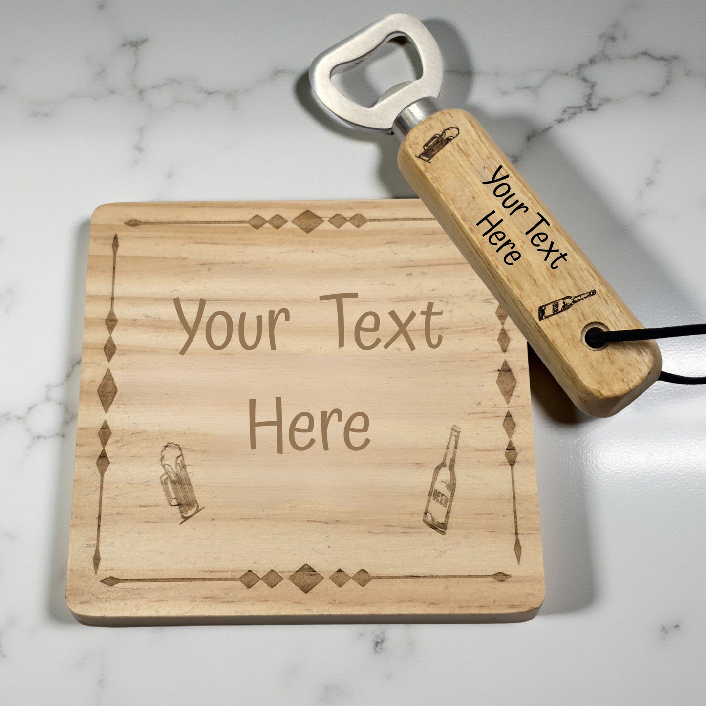 Personalised Bottle Opener and Wooden Coaster Set