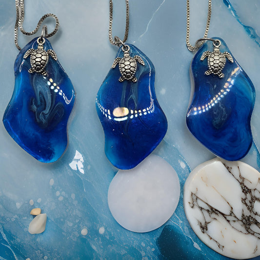 Handmade resin necklace with sea turtle charm and metal box chain