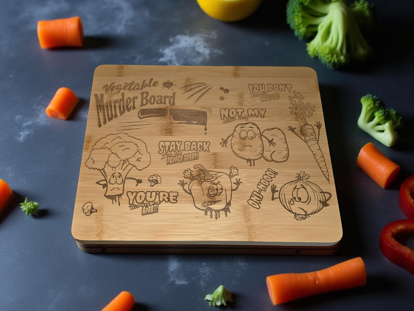 Wooden bamboo chopping board with funny vegetable-themed designs surrounded by chopped vegetables