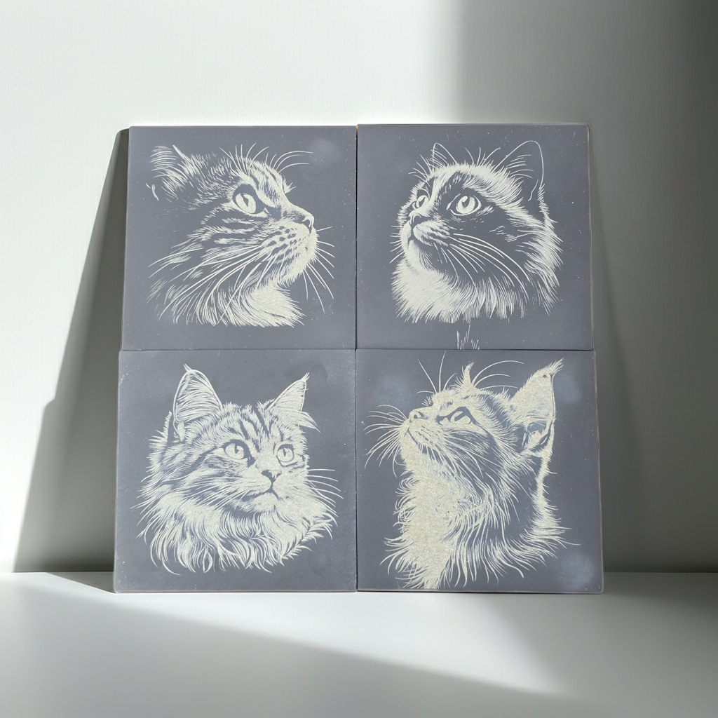 Cat Slate Coaster Set - 4 pack of etched cat design 10cm drinks mats
