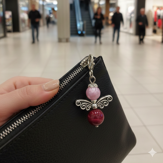 Angel zipper charm on a clutch purse