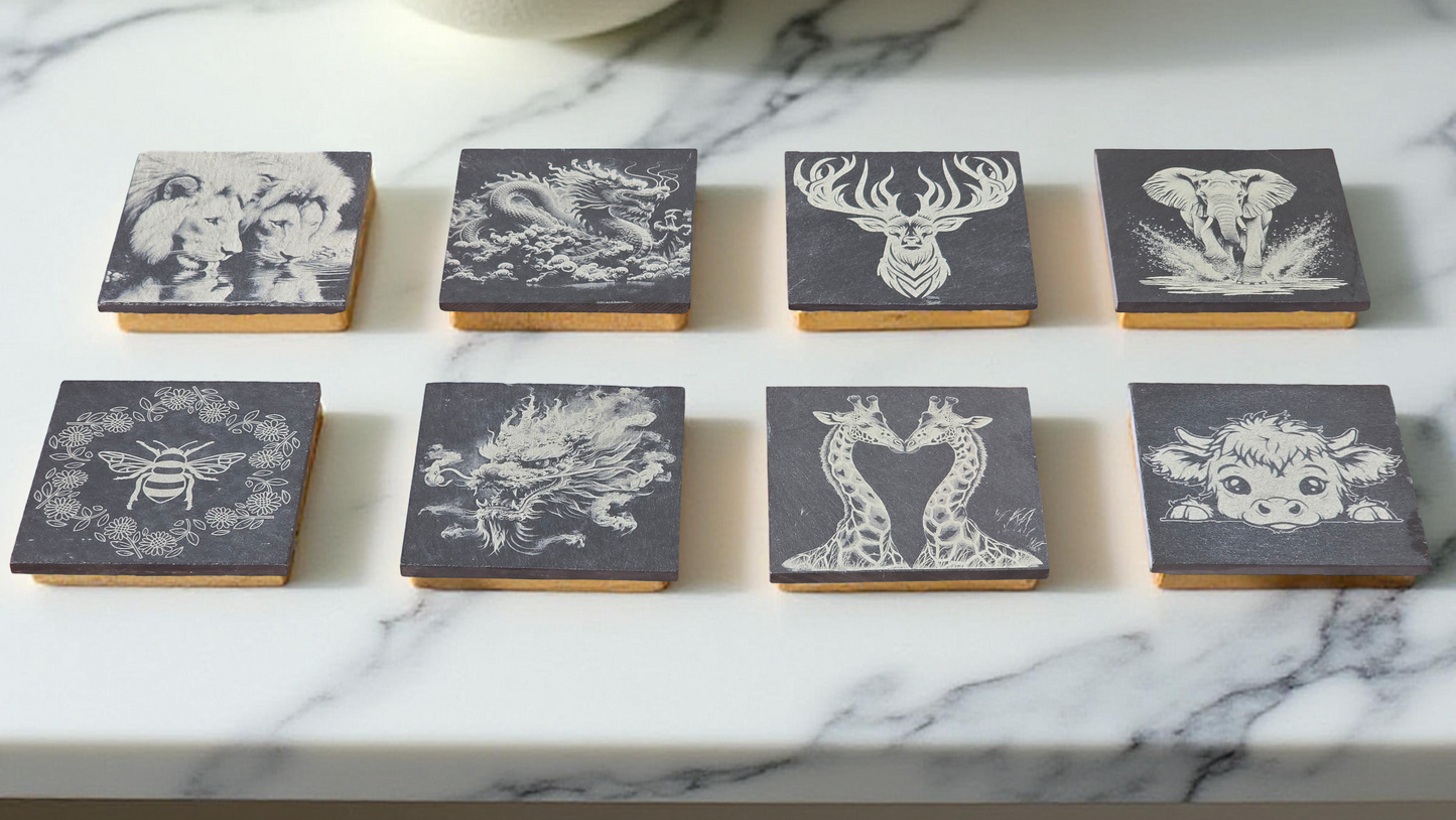 Various Animal design slate coasters - Stag, Dragon, Bee, Cow, Lion, Giraffe, Elephant