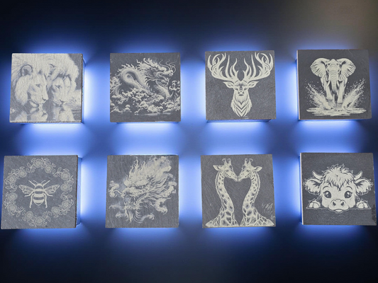 Various Animal design slate coasters - Stag, Dragon, Bee, Cow, Lion, Giraffe, Elephant