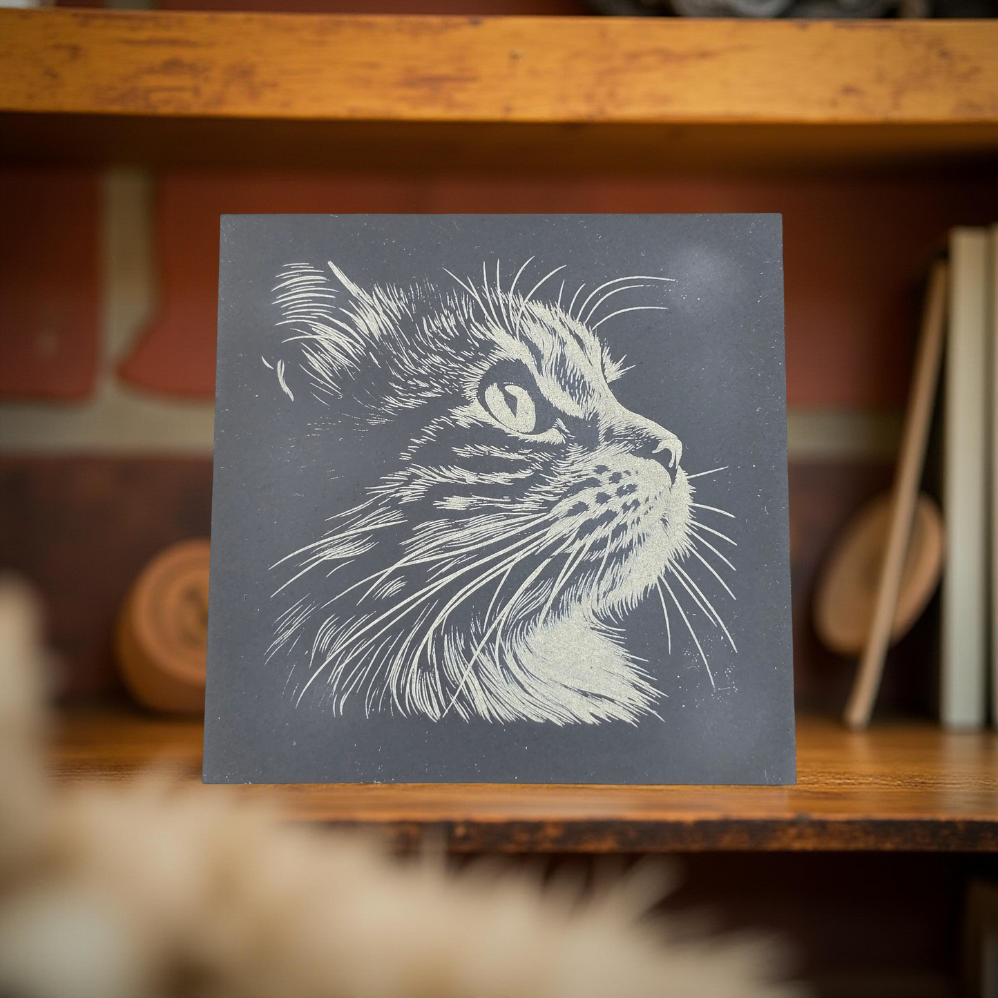 Cat Slate Coaster Set - 4 pack of etched cat design 10cm drinks mats