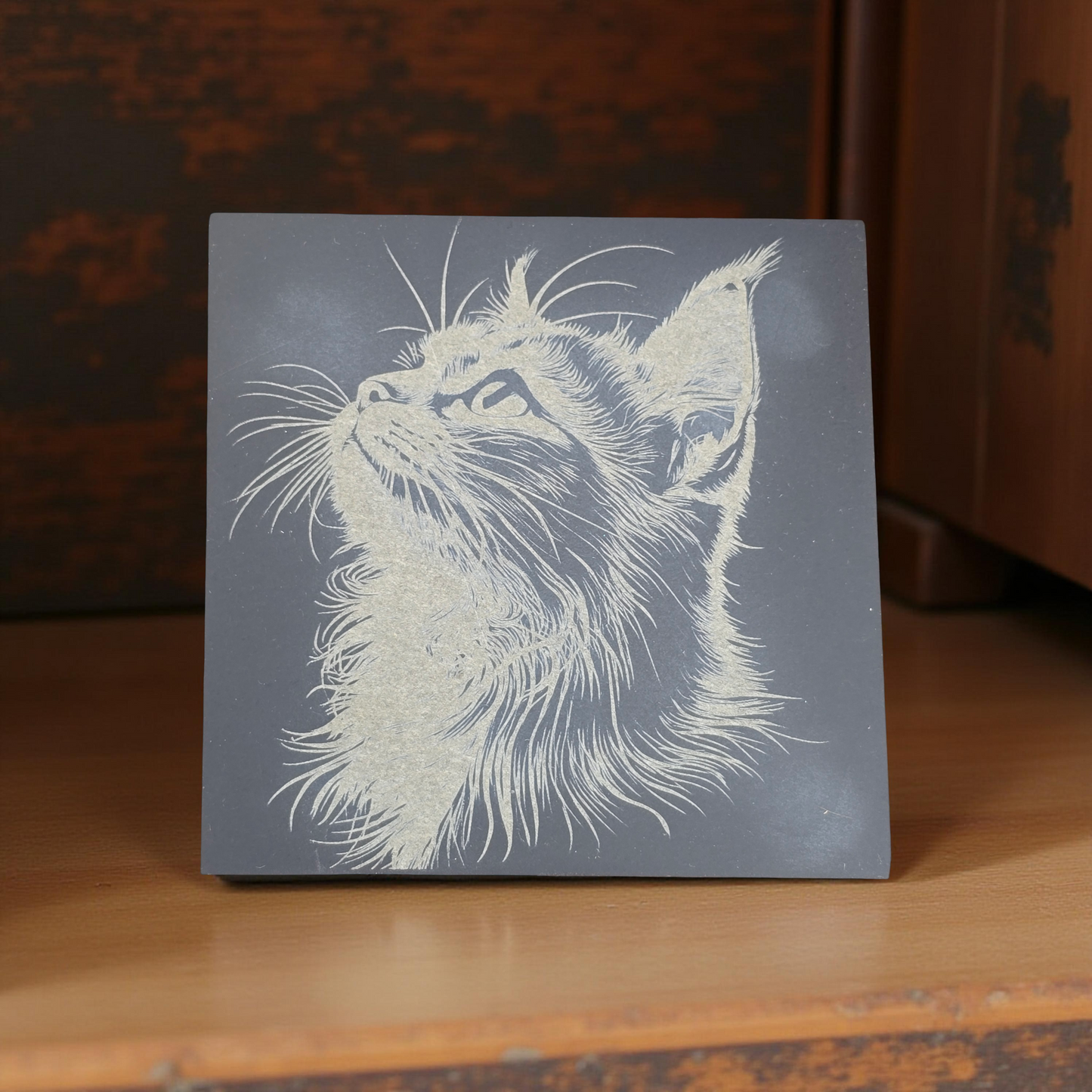 Cat Slate Coaster Set - 4 pack of etched cat design 10cm drinks mats