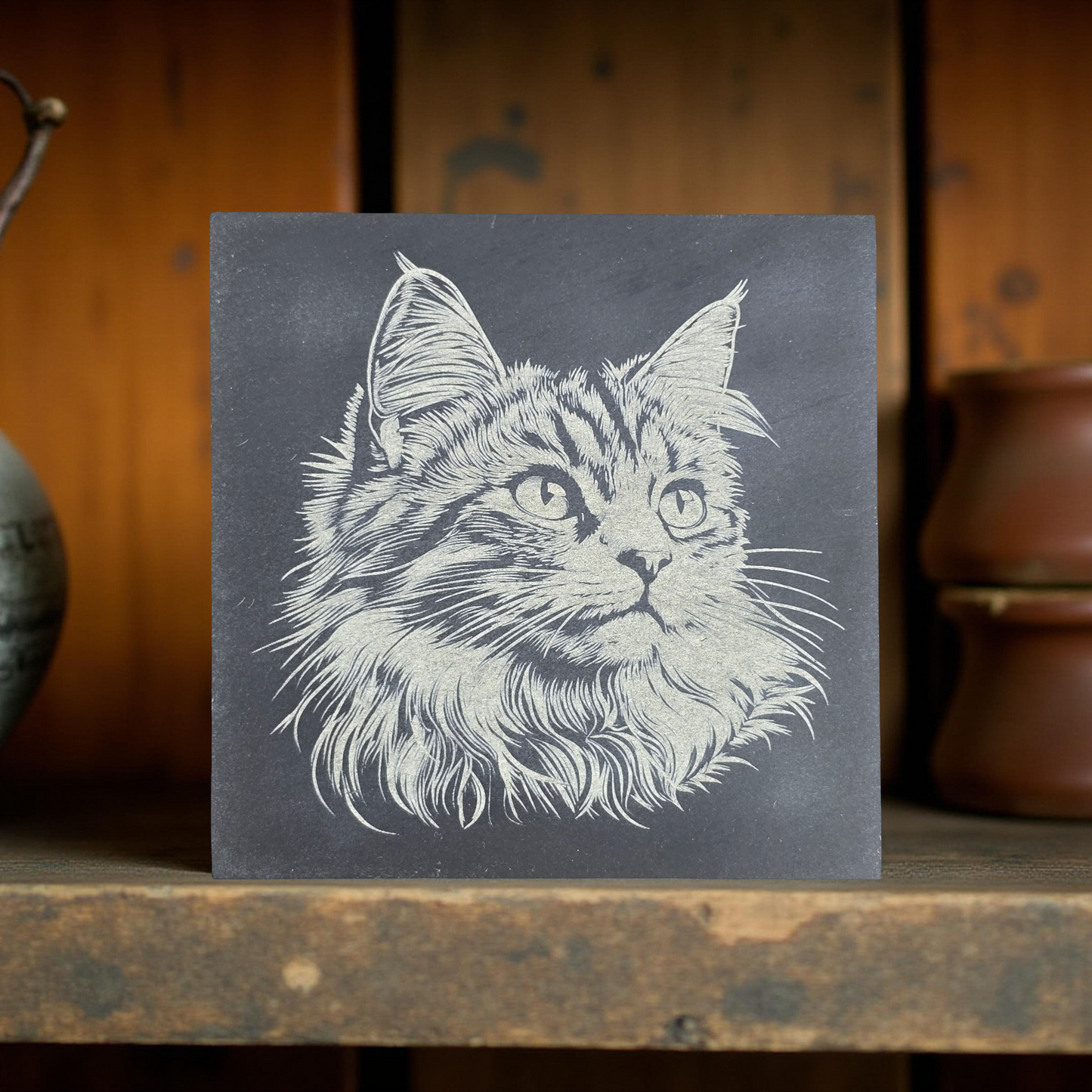 Cat Slate Coaster Set - 4 pack of etched cat design 10cm drinks mats