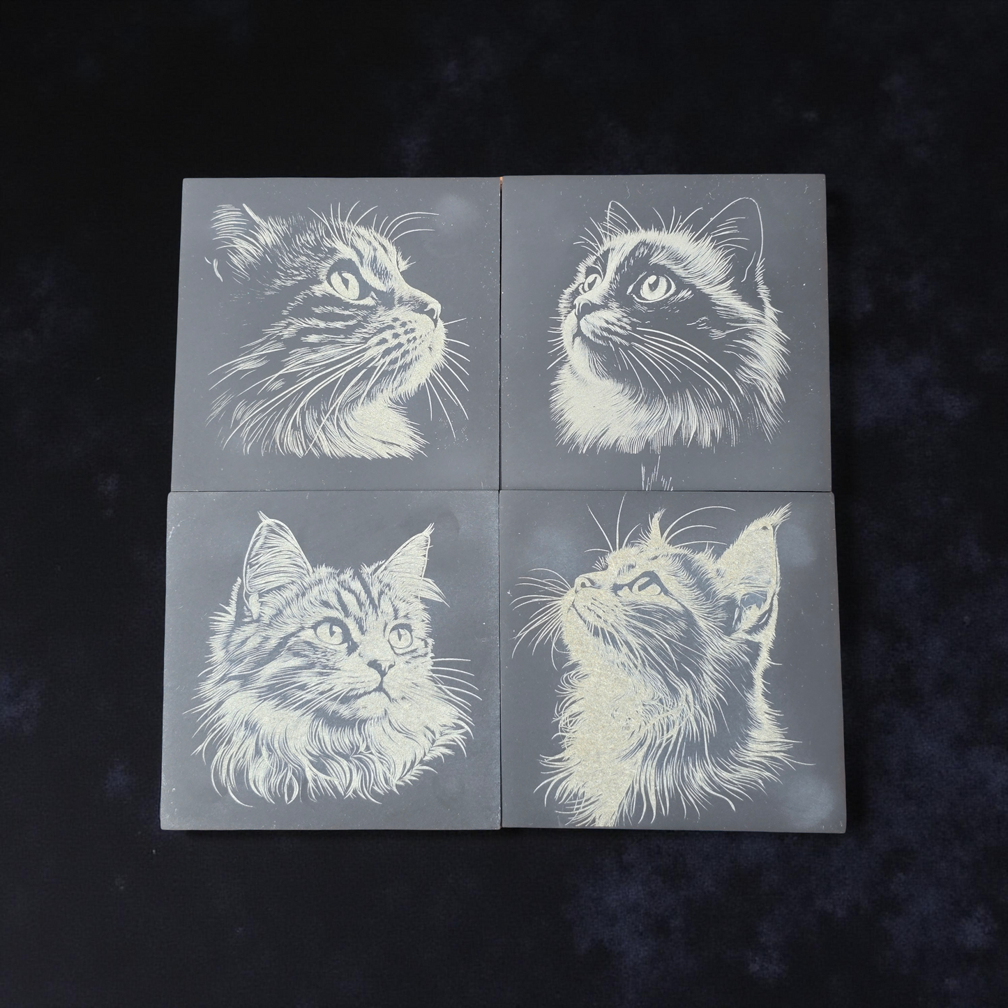 Cat Slate Coaster Set - 4 pack of etched cat design 10cm drinks mats