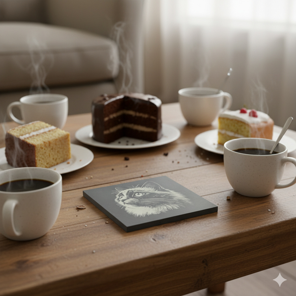 Cat Slate Coaster Set - 4 pack of etched cat design 10cm drinks mats