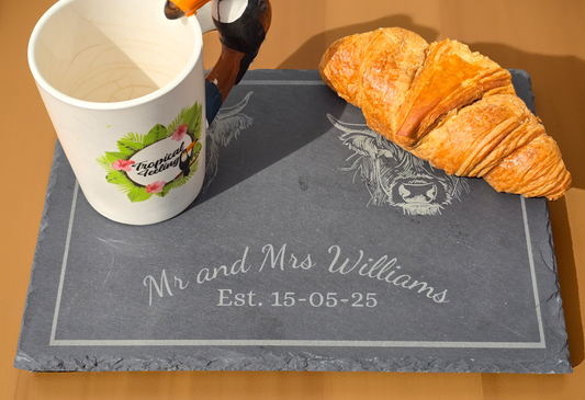Personalised Highland Cow Cheese board - Mr and Mrs serving slate / Charcuterie board