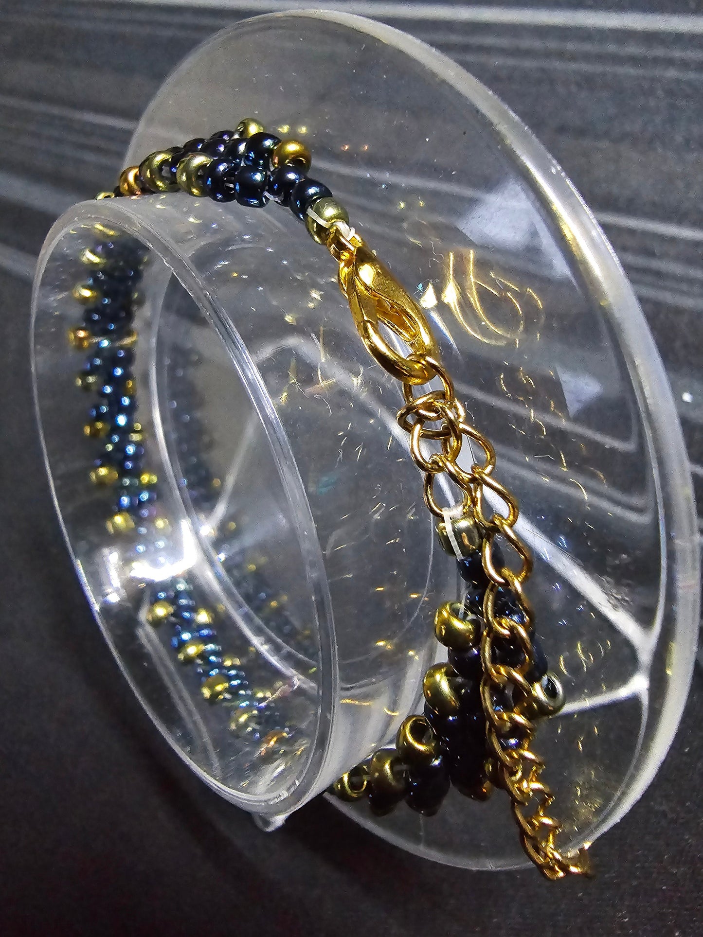 Blue and Gold Toho Seed Beaded Bracelet with gold heart extension chain
