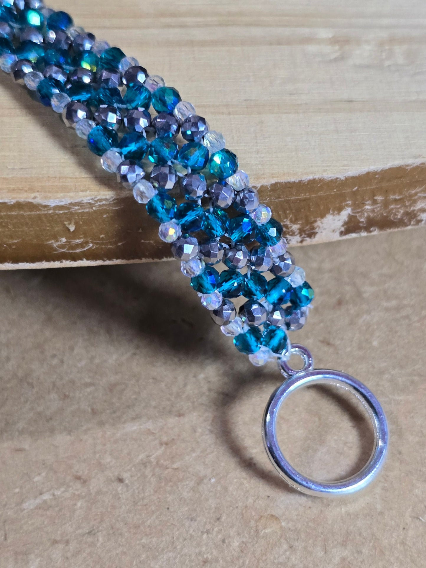 2 tone diagonal striped glass crystal bracelet - Silver and Blue