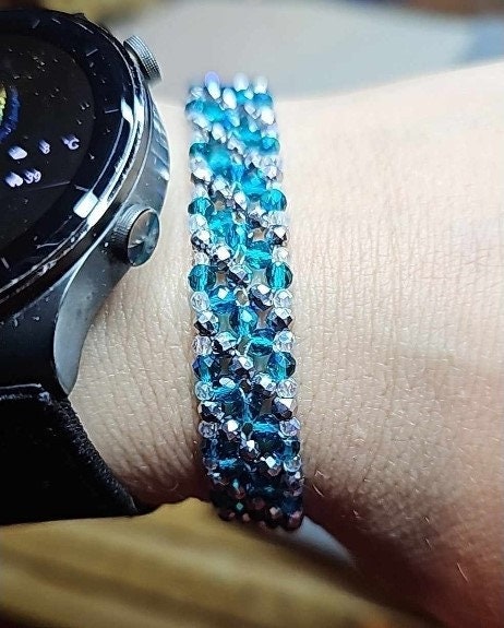 2 tone diagonal striped glass crystal bracelet - Silver and Blue