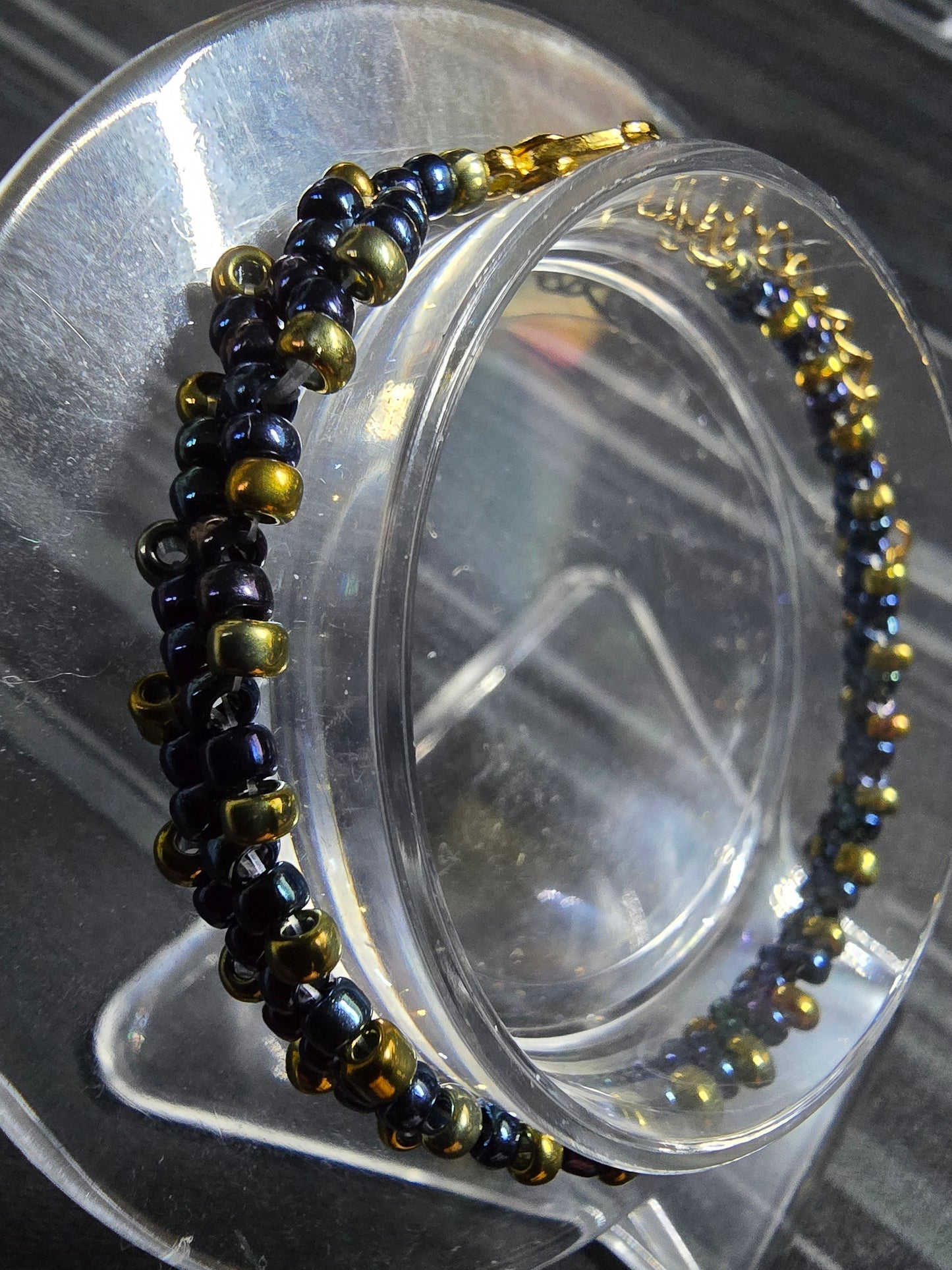 Blue and Gold Toho Seed Beaded Bracelet with gold heart extension chain