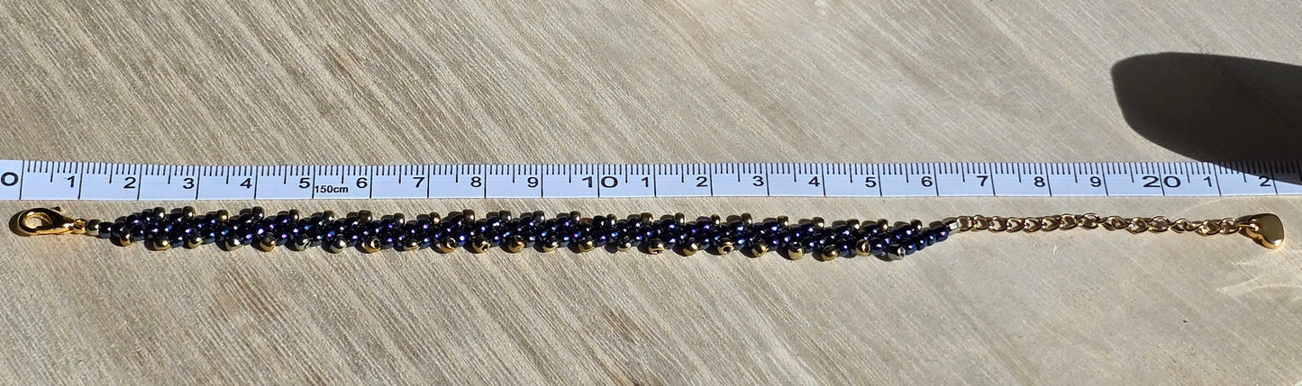 Blue and Gold Toho Seed Beaded Bracelet with gold heart extension chain