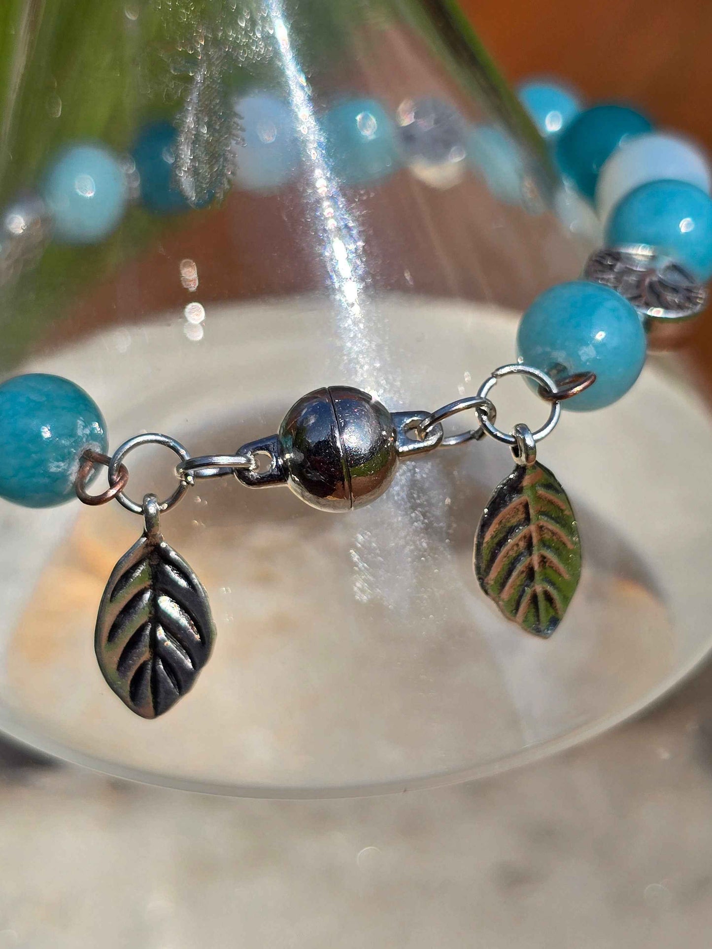Blue Tree and Leaf Memory wire bracelet with magnetic clasp