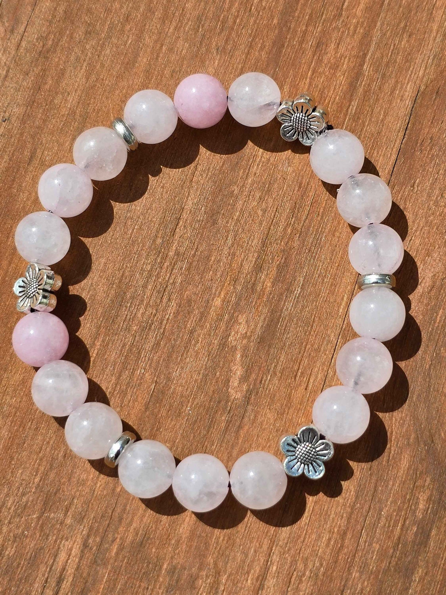 Girls Daisy accent beaded bracelet - Pink floral elastic stretch bracelet, 6 inch