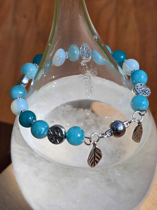 Blue Tree and Leaf Memory wire bracelet with magnetic clasp