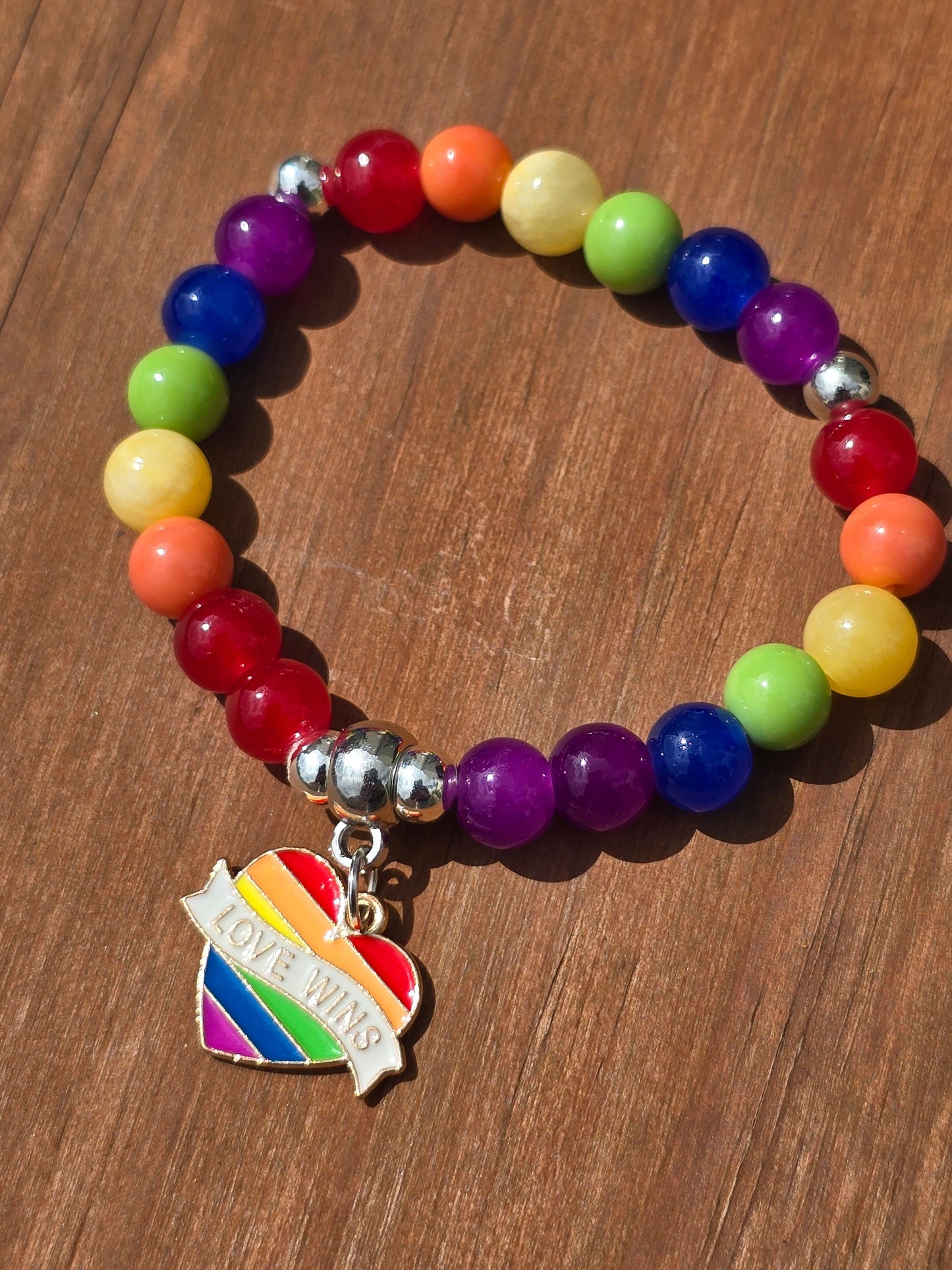 Pride Bracelet - Elastic multicoloured beaded bracelet with Love Wins Heart charm