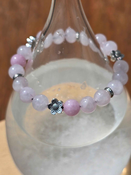 Girls Daisy accent beaded bracelet - Pink floral elastic stretch bracelet, 6 inch