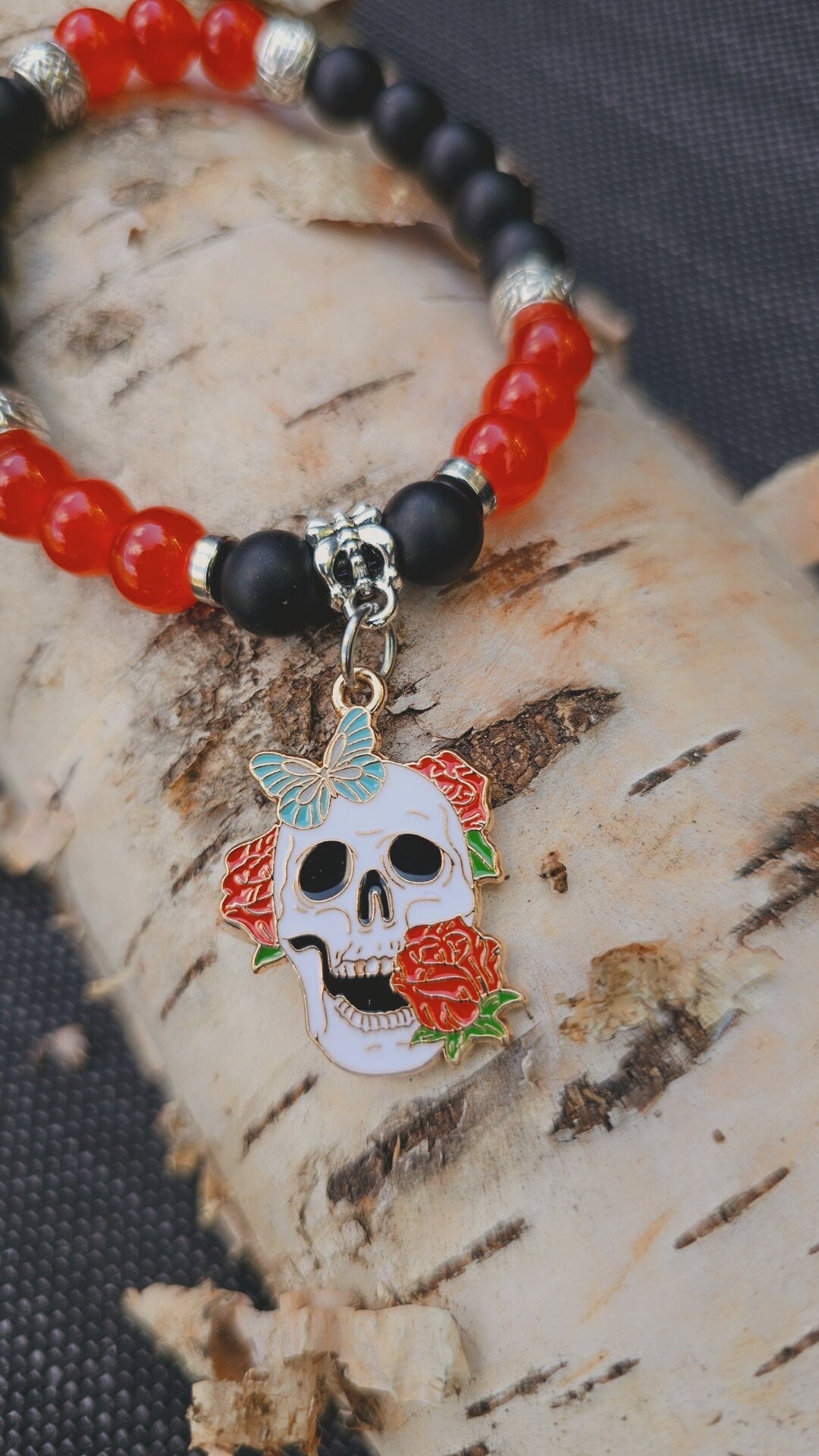 Skull Charm Bracelet - Halloween Skull and rose elastic costume bracelet for parties
