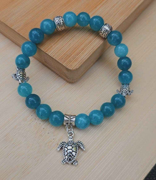Sea Turtle Charm beaded bracelet - Blue/Turquoise Stone beads, and elasticated band to fit most wrist sizes