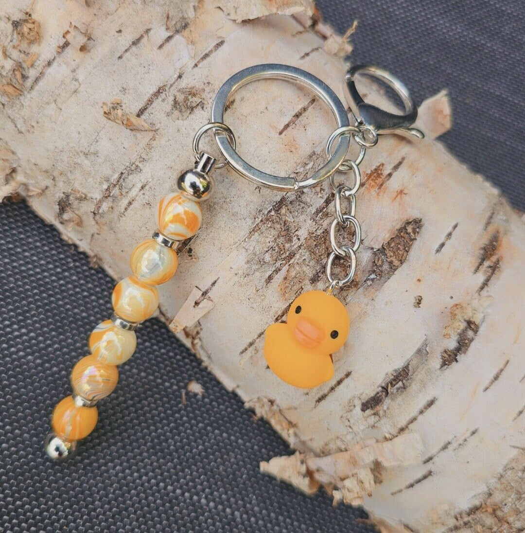 Yellow Duck Bag Charm - Cute Rubber Duck Keyring and Beaded Zip Accessory