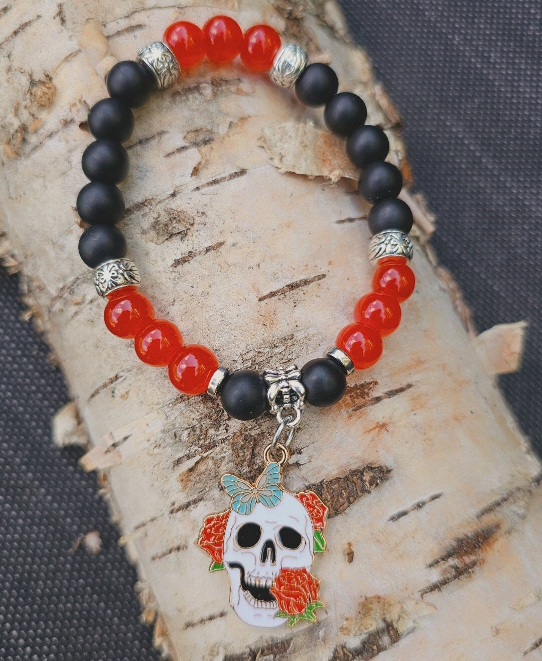 Skull Charm Bracelet - Halloween Skull and rose elastic costume bracelet for parties
