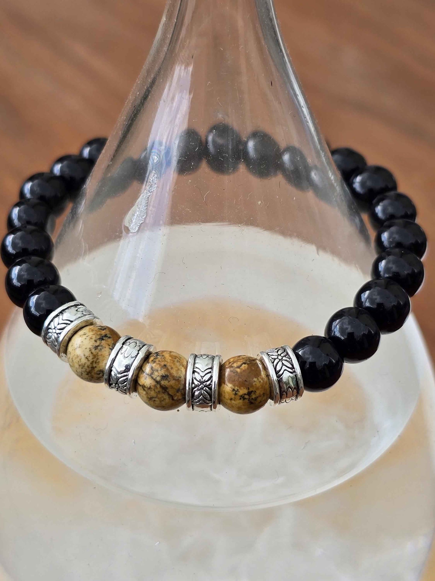 Men's Boho elastic beaded bracelet - Black and natural wood effect colours