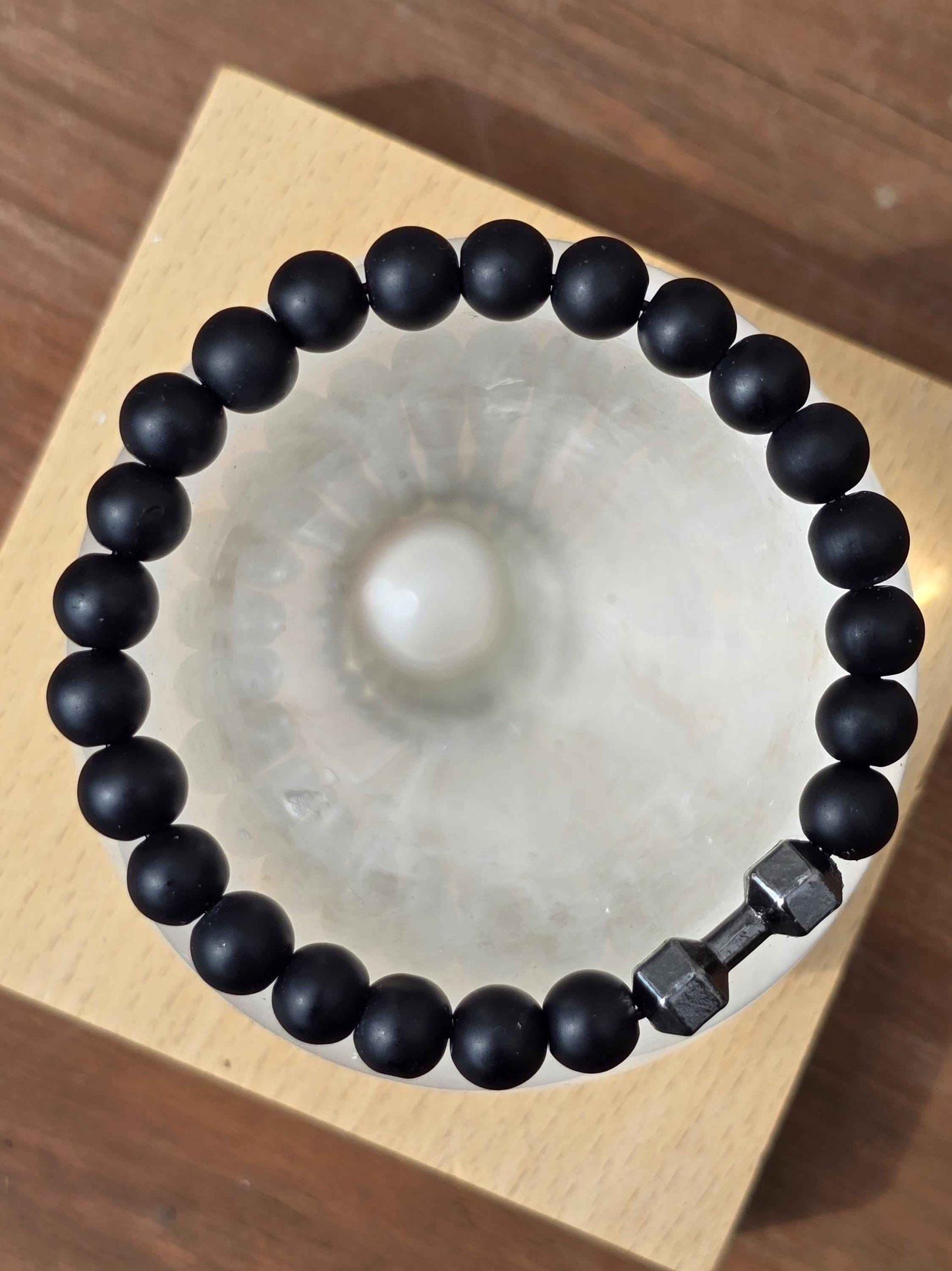 Unisex Black Stone beaded Bracelet with Dumbbell charm - Live, Lift slogan