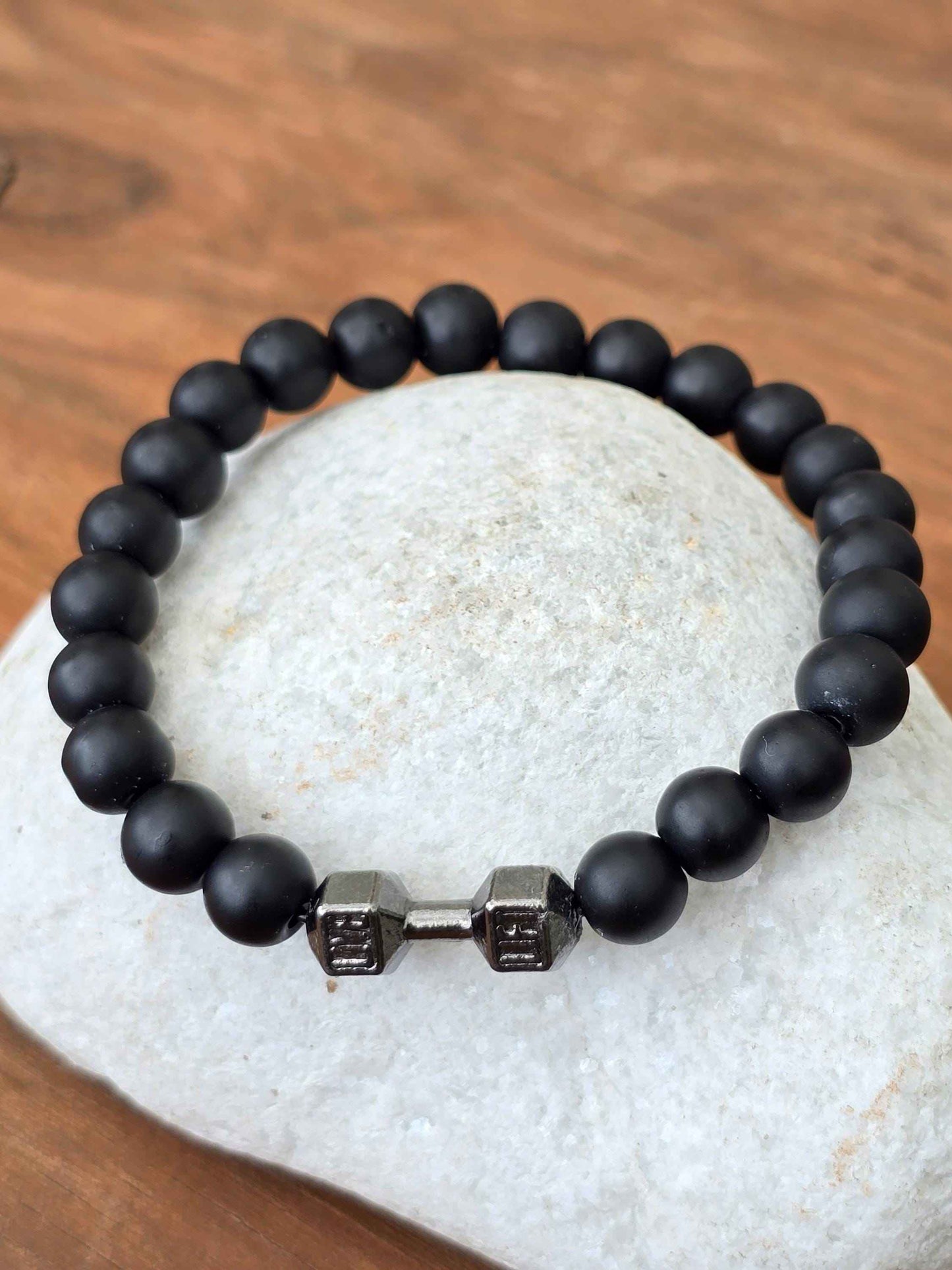 Unisex Black Stone beaded Bracelet with Dumbbell charm - Live, Lift slogan