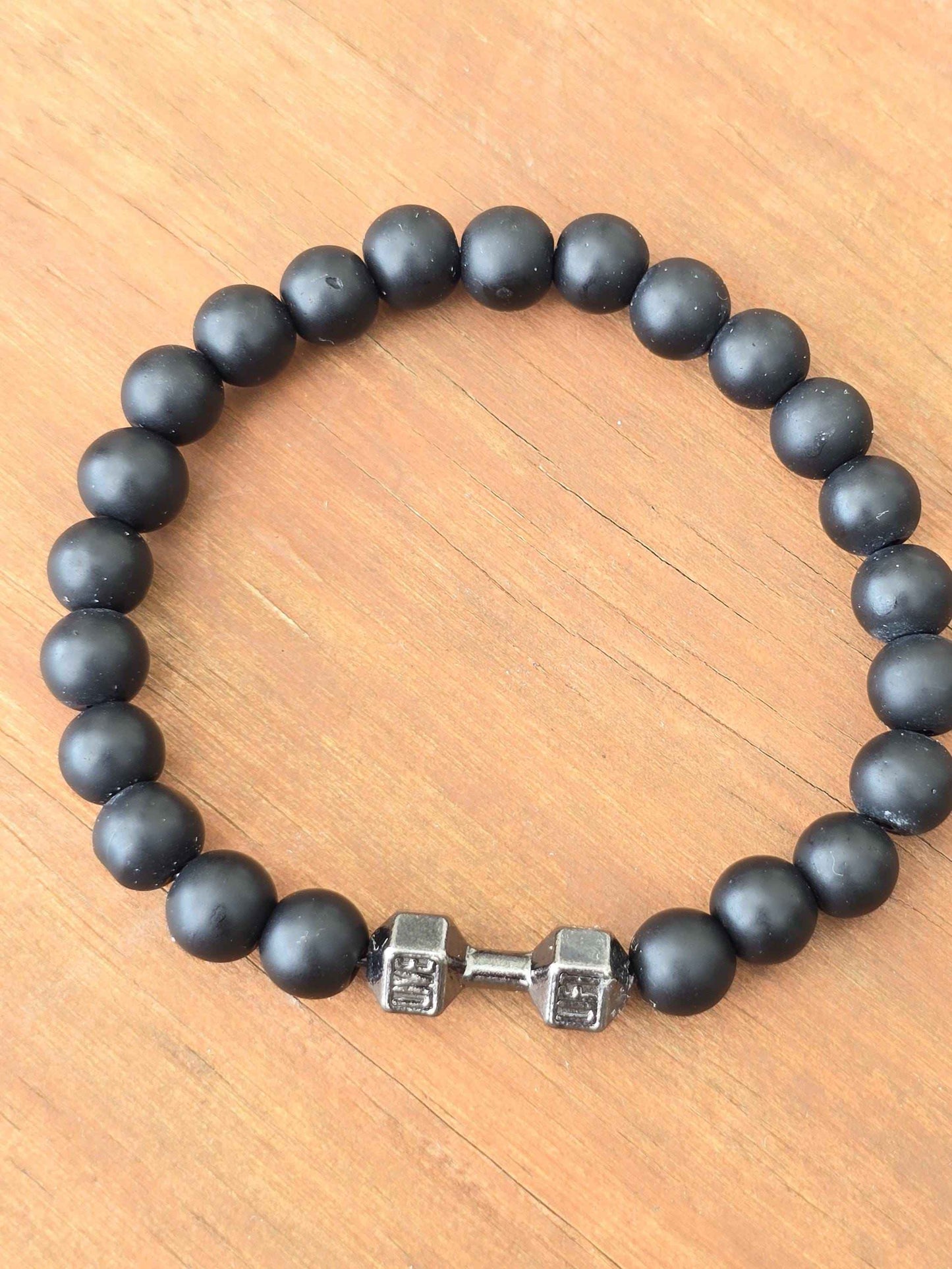 Unisex Black Stone beaded Bracelet with Dumbbell charm - Live, Lift slogan