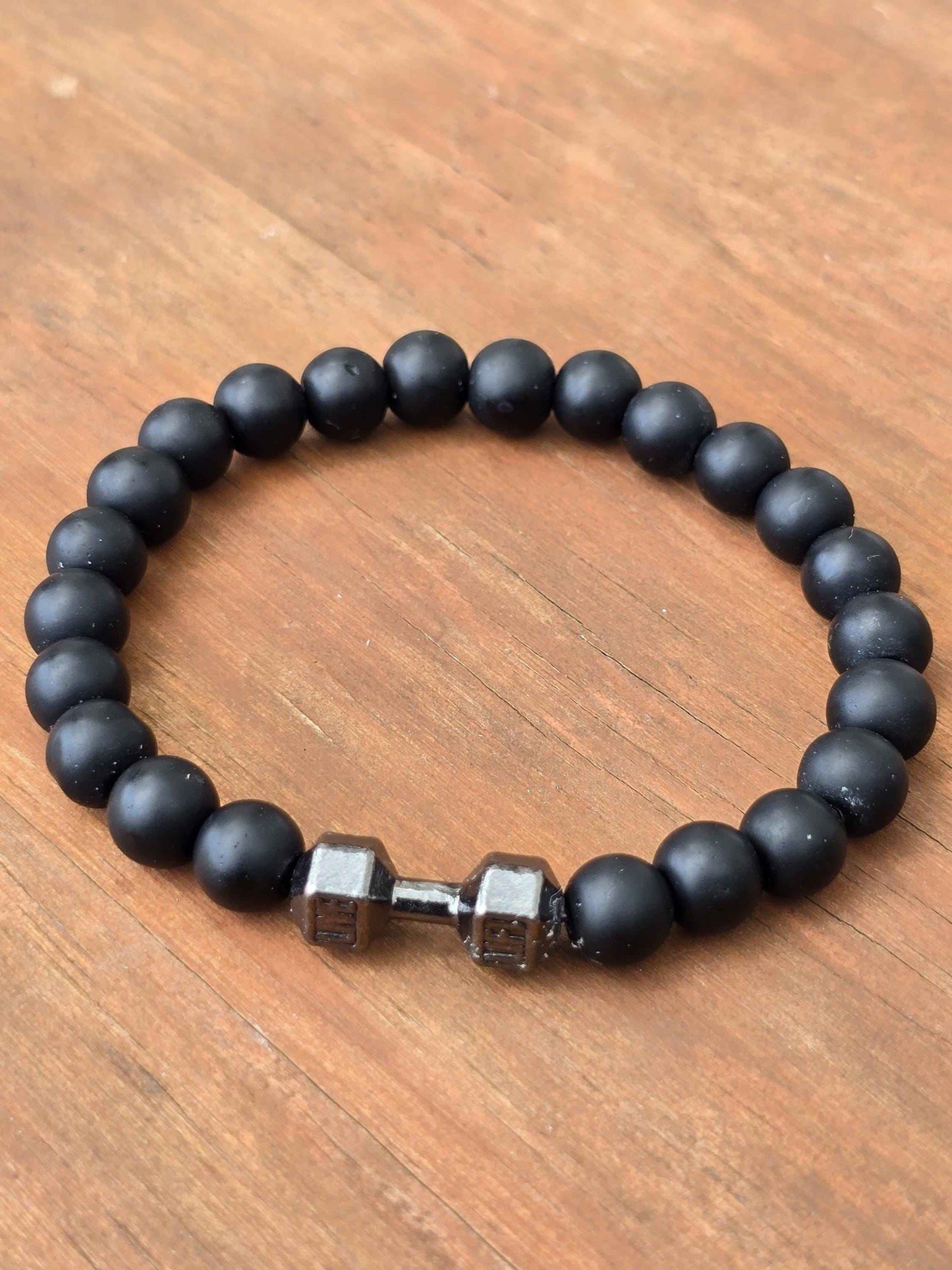 Unisex Black Stone beaded Bracelet with Dumbbell charm - Live, Lift slogan