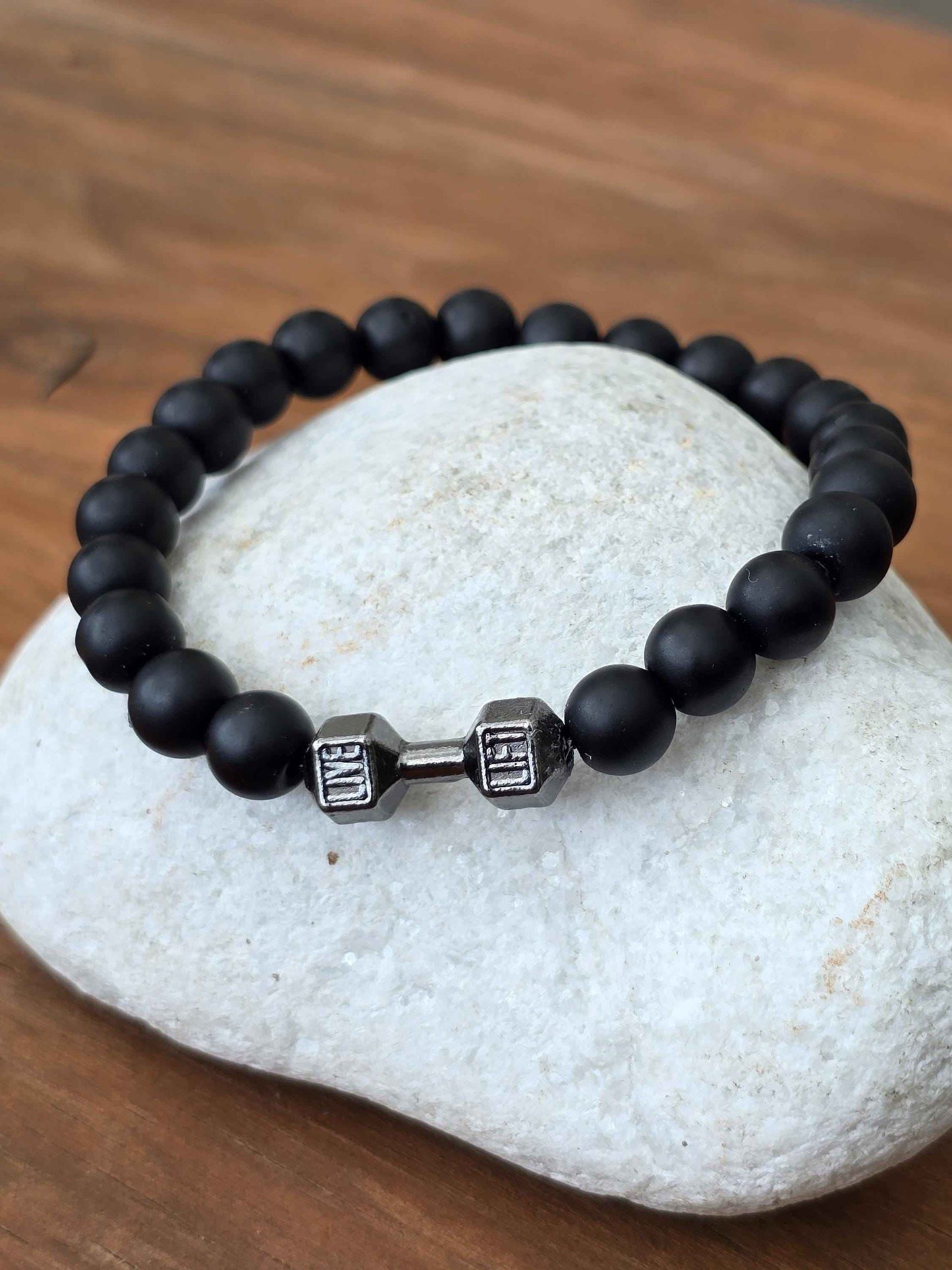 Unisex Black Stone beaded Bracelet with Dumbbell charm - Live, Lift slogan