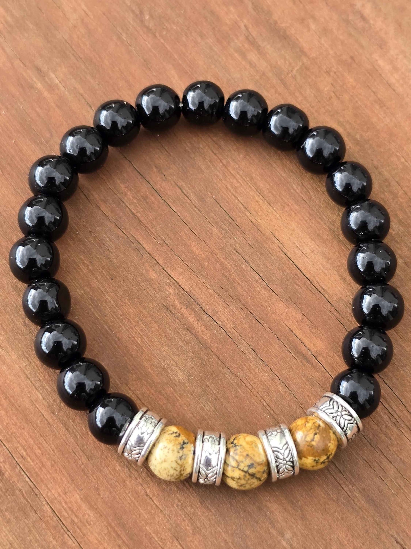 Men's Boho elastic beaded bracelet - Black and natural wood effect colours