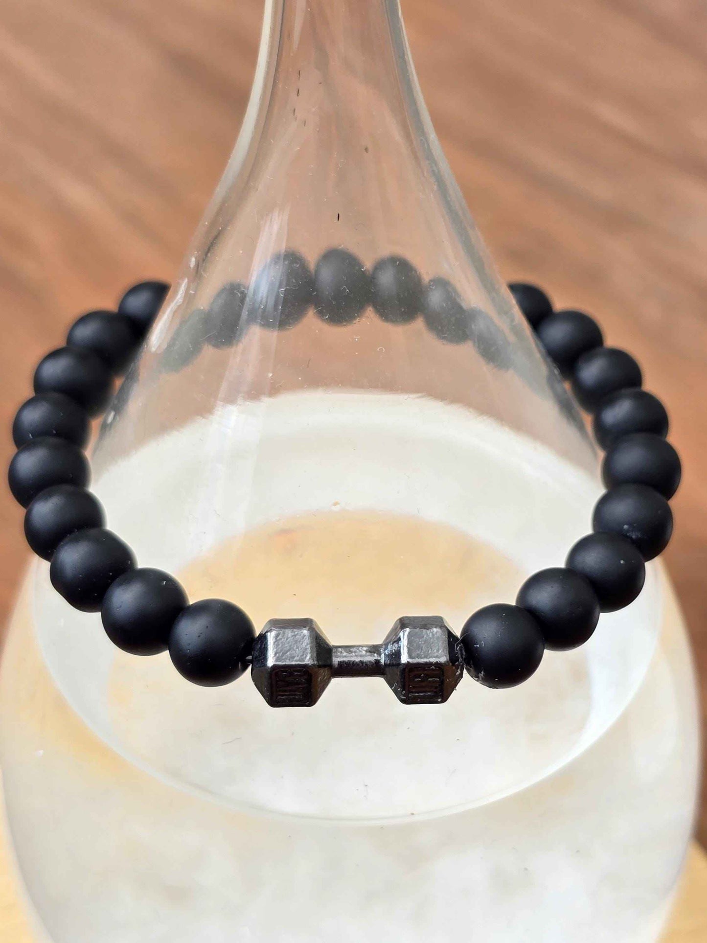 Unisex Black Stone beaded Bracelet with Dumbbell charm - Live, Lift slogan