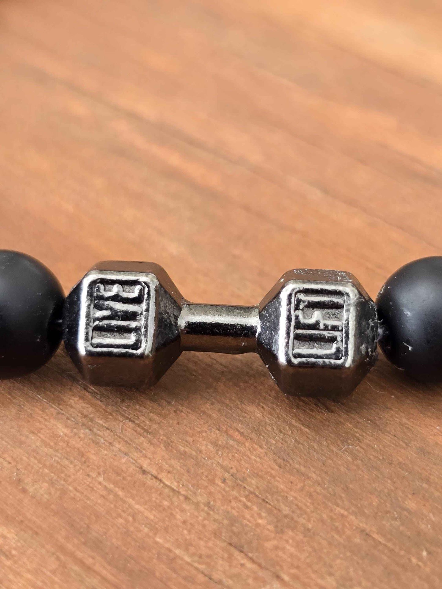 Unisex Black Stone beaded Bracelet with Dumbbell charm - Live, Lift slogan