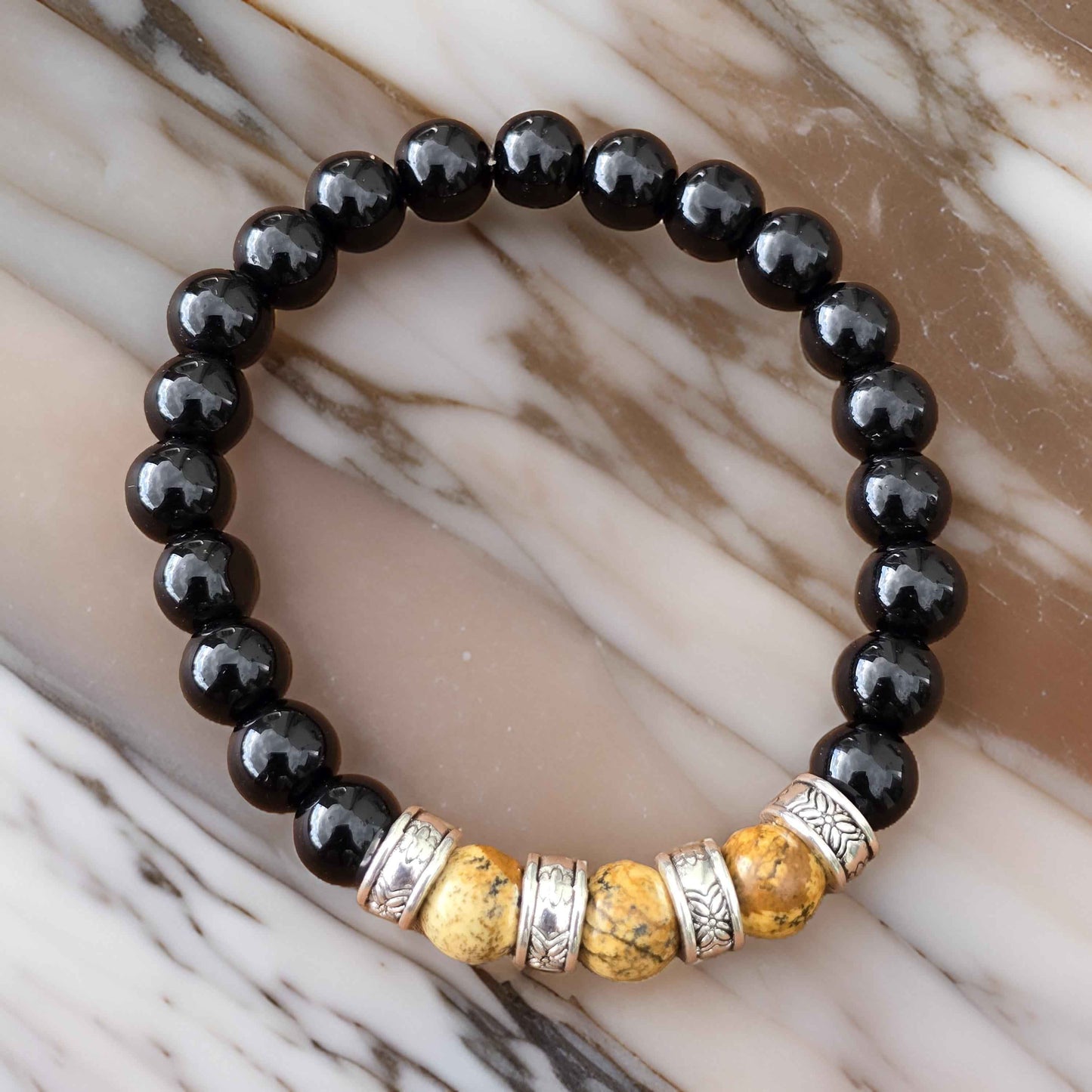 Men's Boho elastic beaded bracelet - Black and natural wood effect colours