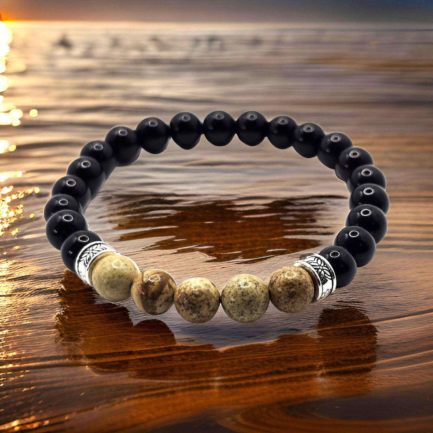 Men's Boho elastic beaded bracelet - Black and natural wood effect colours